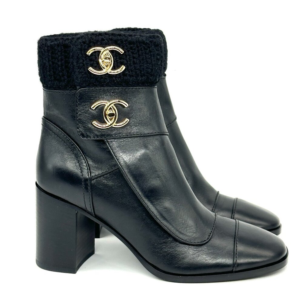 CHANEL 23K 2023 Turnlock CC Leather Knit Cuff Ankle Bootie Boots Heels - Picture 6 of 16